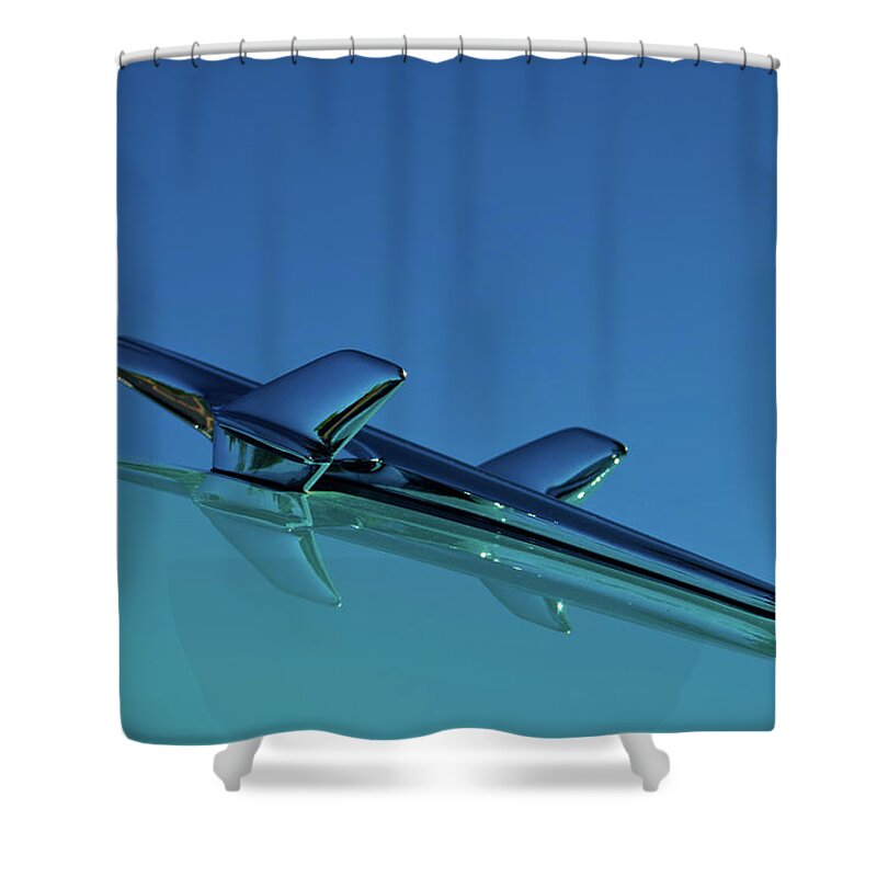 Chevy Shower Curtain featuring the photograph 1956 Chevy Belair Hood Ornament by Jani Freimann