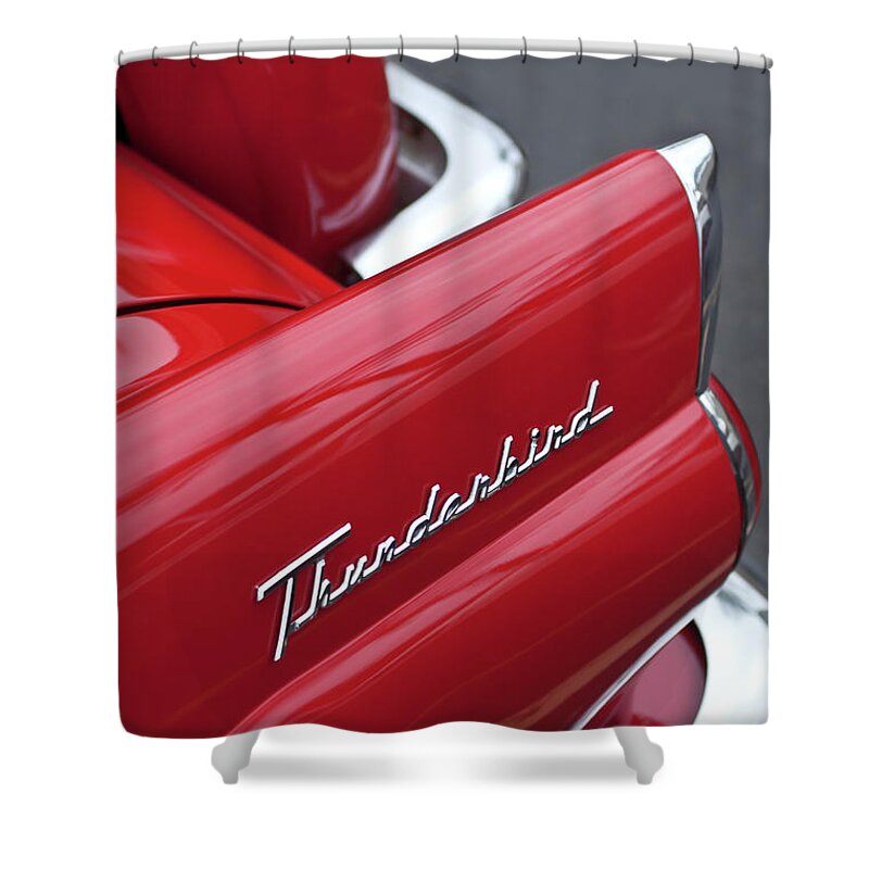 1956 Ford Thunderbird Shower Curtain featuring the photograph 1956 Ford Thunderbird Taillight Emblem 2 by Jill Reger