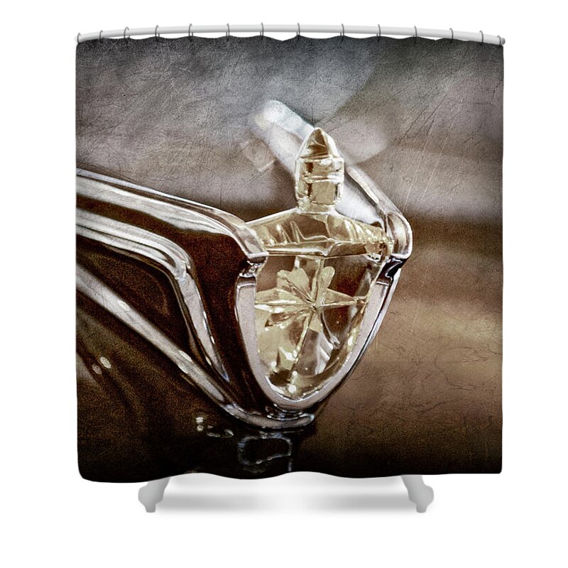 1956 Lincoln Premiere Convertible Hood Ornament Shower Curtain featuring the photograph 1956 Lincoln Premiere Convertible Hood Ornament -2797ac by Jill Reger