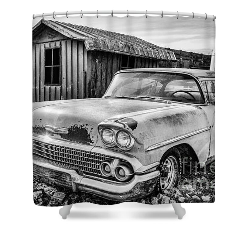 Old Car Shower Curtain featuring the photograph 1958 Chevy Del Ray in Black and White by Terri Morris