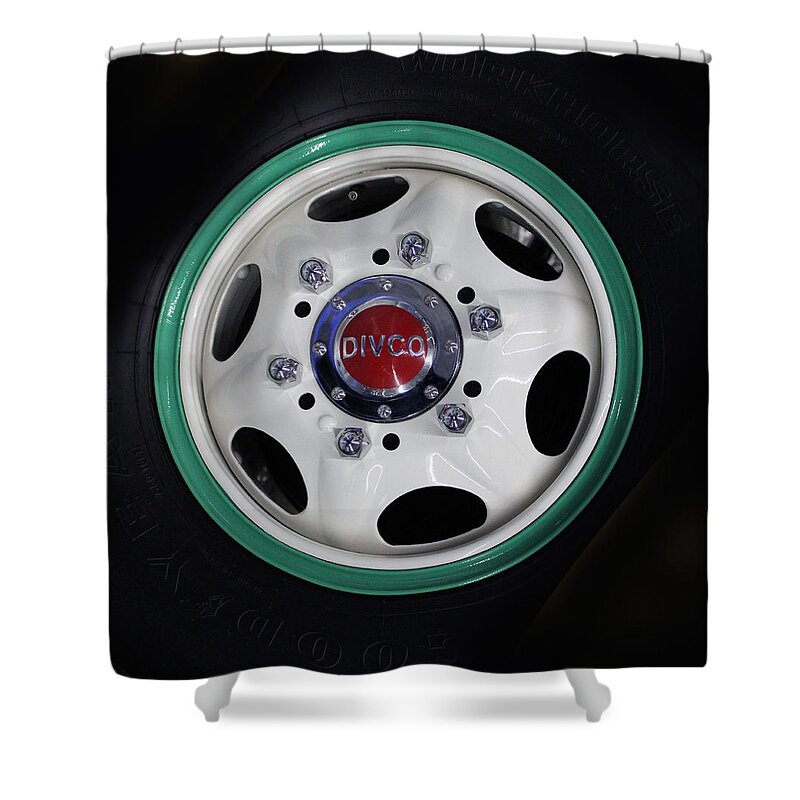 Wheels Shower Curtain featuring the photograph 1958 Divco Dairy Truck Wheel by DB Hayes