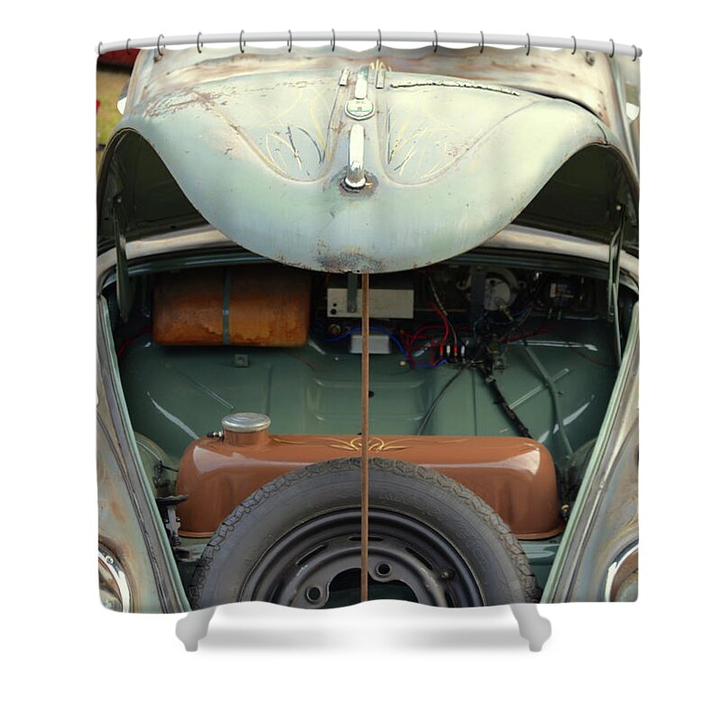 Cars Shower Curtain featuring the photograph 1958 Volkswagen Beetle Surf Rod by Jason Freedman