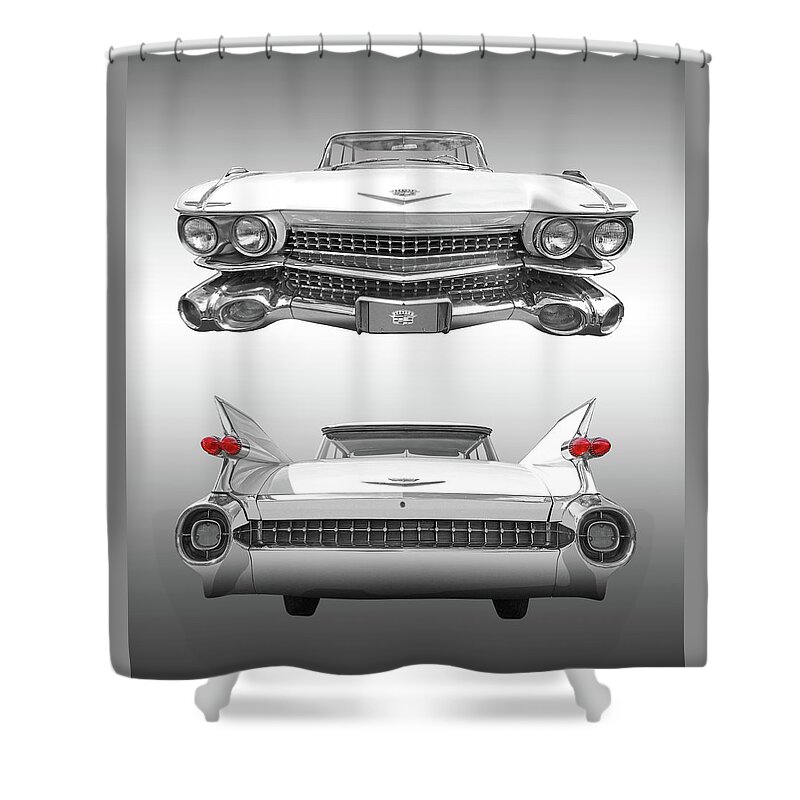 Cadillac Shower Curtain featuring the photograph 1959 Cadillac Front and Rear Vertical by Gill Billington