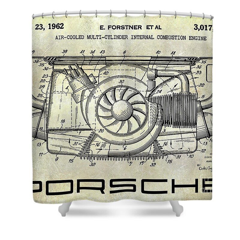Porsche Patent Shower Curtain featuring the photograph 1962 Porsche Engine Patent by Jon Neidert