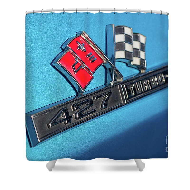 Chevy Shower Curtain featuring the photograph 1965 Blue Corvette 427 Turbo Jet Emblem by Aloha Art