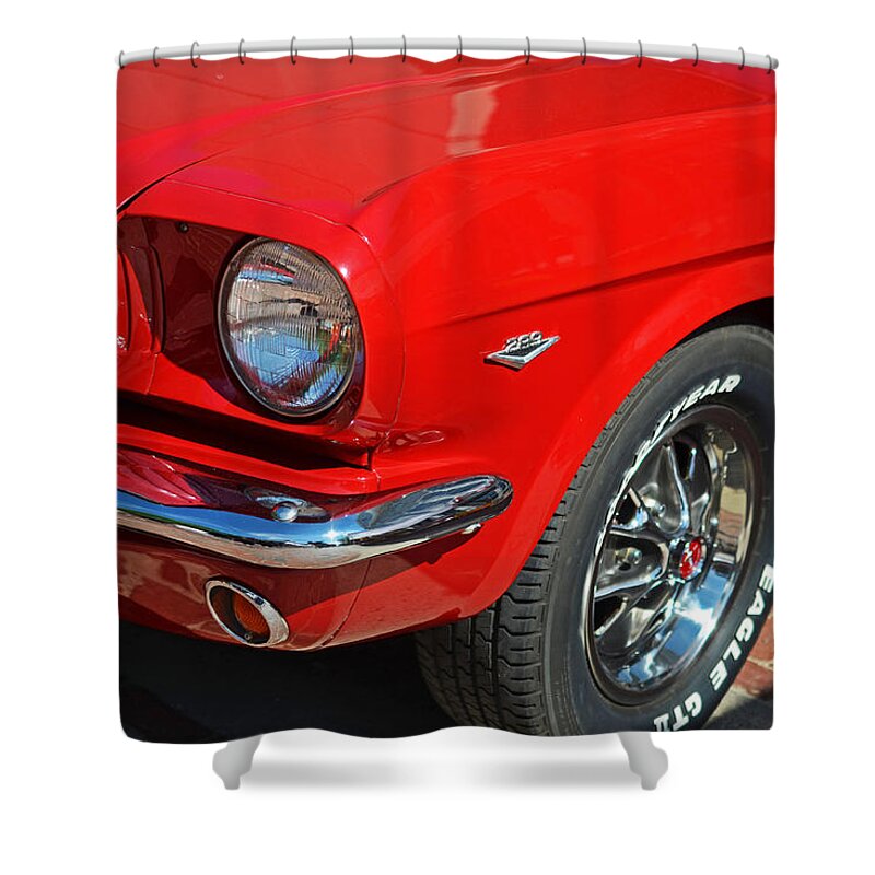 1965 Shower Curtain featuring the photograph 1965 Red Ford Mustang Classic Car by Toby McGuire