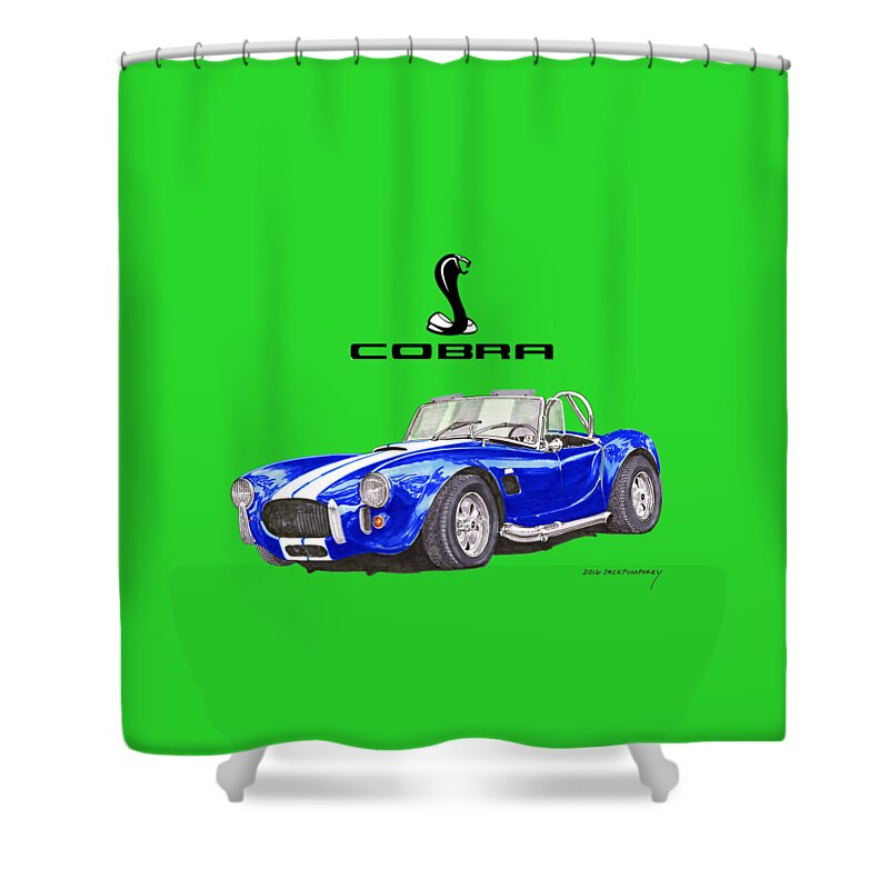 1966 Cobra Snake Tee Shirt Shower Curtain featuring the painting 1966 Snake on a shirt by Jack Pumphrey