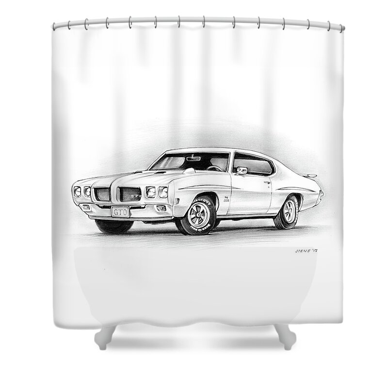 1970 Pontiac Gto Judge Shower Curtain featuring the drawing 1970 Pontiac GTO Judge by Greg Joens