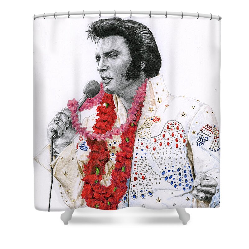 Elvis Shower Curtain featuring the drawing 1973 Aloha Bald Headed Eagle Suit by Rob De Vries