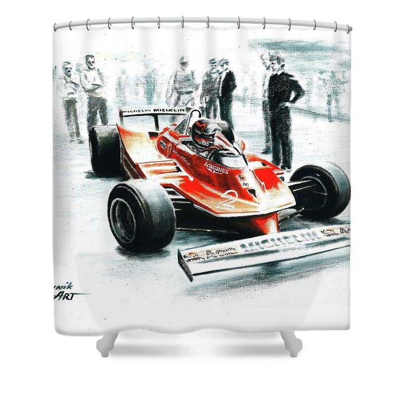 Ferrari F1 Collection Shower Curtain featuring the painting 1980 Ferrari 312T5 by Artem Oleynik