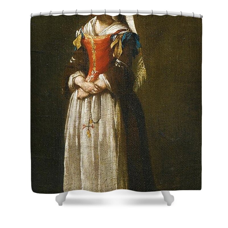 A Young Woman Dressed In Neapolitan Fashion' By Jean Barbault Shower Curtain featuring the painting A Young Woman Dressed in Neapolitan Fashion by MotionAge Designs