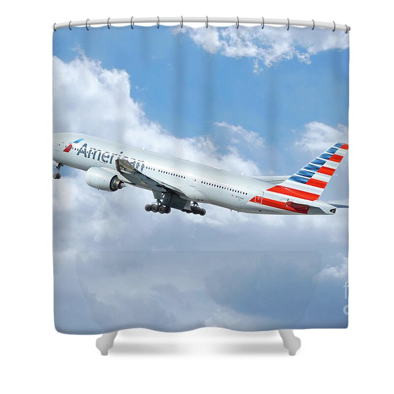 Boeing Shower Curtain featuring the digital art American Airlines Boeing 777 #2 by Airpower Art