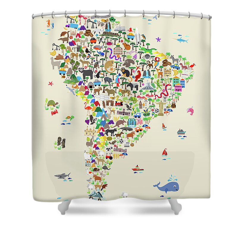 South America Map Shower Curtain featuring the digital art Animal Map of South America for children and kids by Michael Tompsett