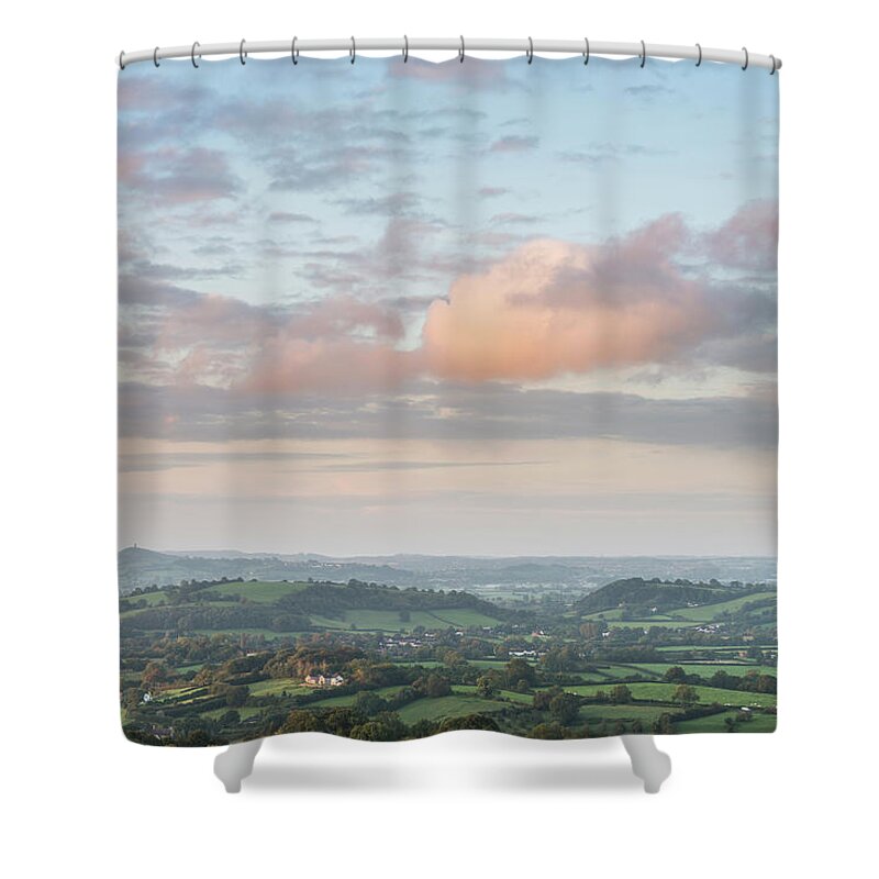 Landscape Shower Curtain featuring the photograph Beautiful dawn landscape over Somerset Levels in English country #2 by Matthew Gibson