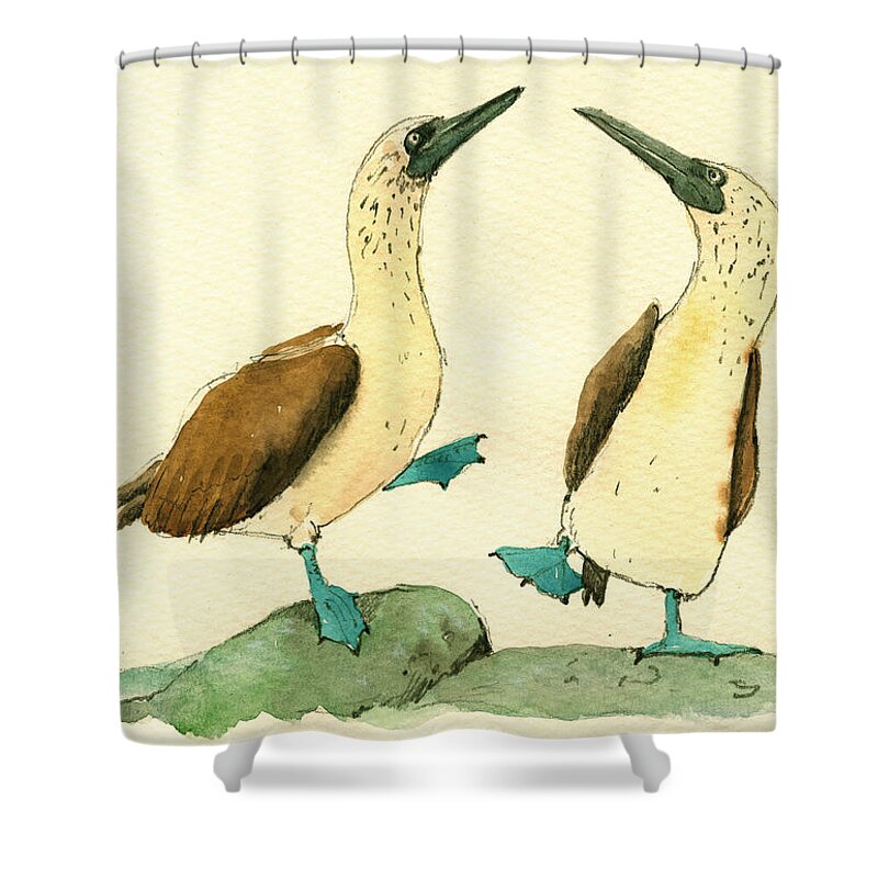 Blue Footed Boobies Shower Curtain featuring the painting Blue footed boobies by Juan Bosco
