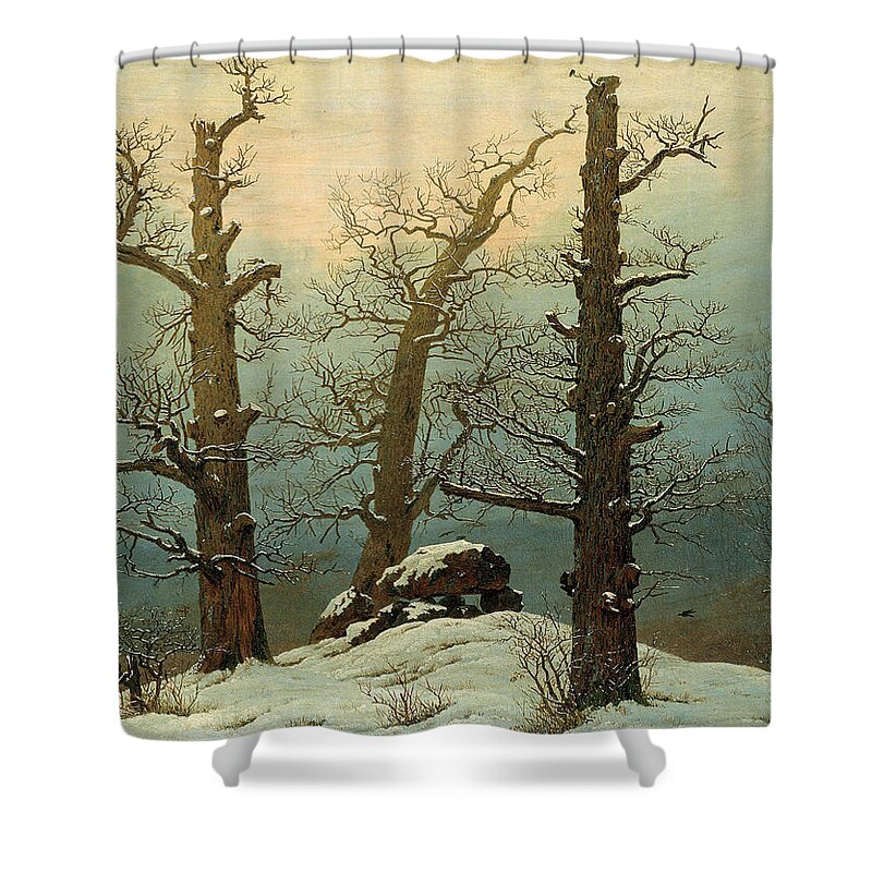 Caspar David Friedrich Shower Curtain featuring the painting Cairn In Snow #2 by Caspar David Friedrich