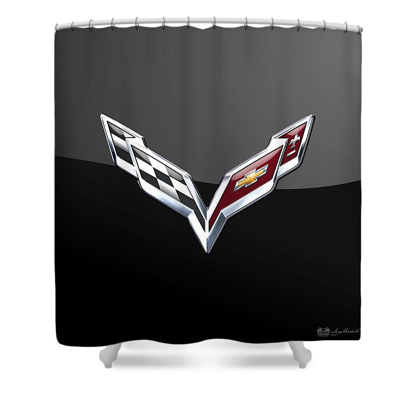 �wheels Of Fortune� Collection By Serge Averbukh Shower Curtain featuring the photograph Chevrolet Corvette 3D Badge on Black by Serge Averbukh