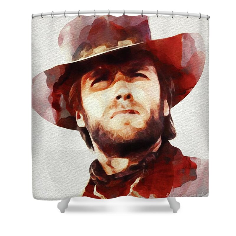 Clint Shower Curtain featuring the painting Clint Eastwood, Hollywood Legend #2 by Esoterica Art Agency