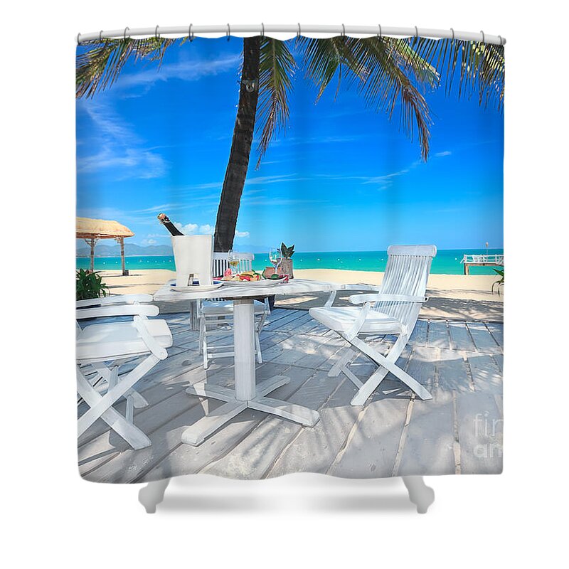 Table Shower Curtain featuring the photograph Dinner on the beach #2 by MotHaiBaPhoto Prints