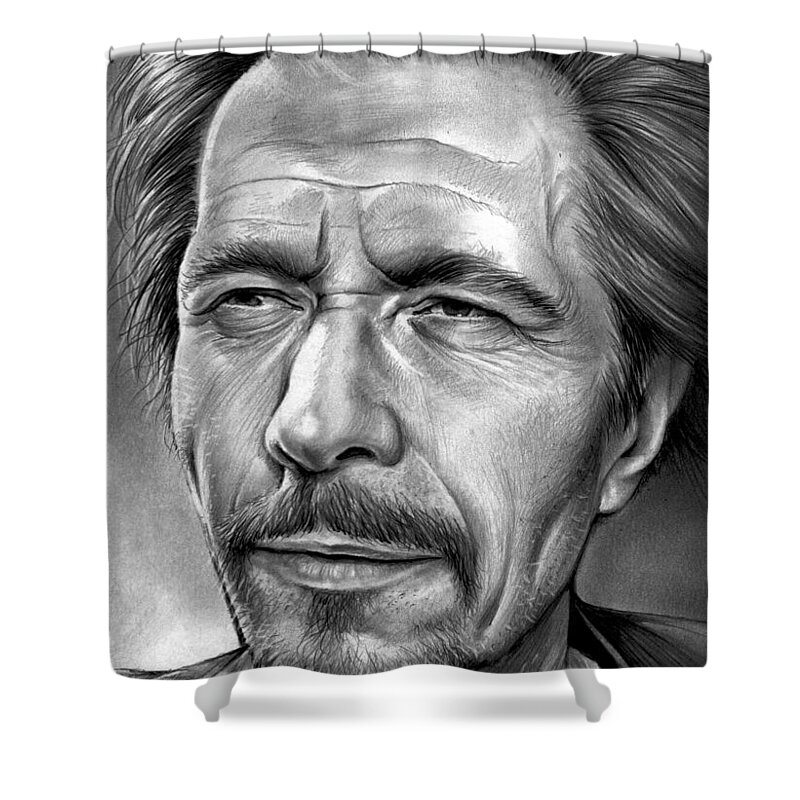 Celebrity Shower Curtain featuring the drawing Gary Oldman by Greg Joens