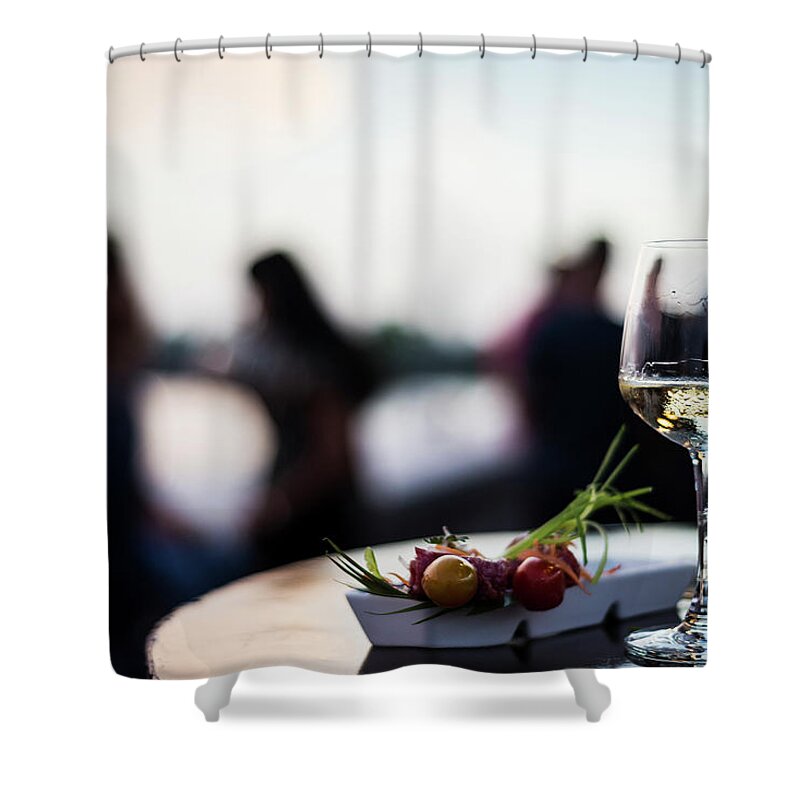 Alcohol Shower Curtain featuring the photograph Glass Of White Wine With Gourmet Food Tapa Snacks Outside #2 by JM Travel Photography