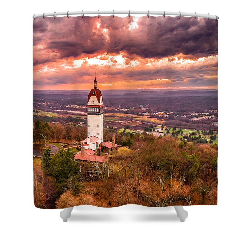 Heublein Shower Curtain featuring the photograph Heublein Tower, Simsbury Connecticut, Cloudy Sunset #2 by Mike Gearin