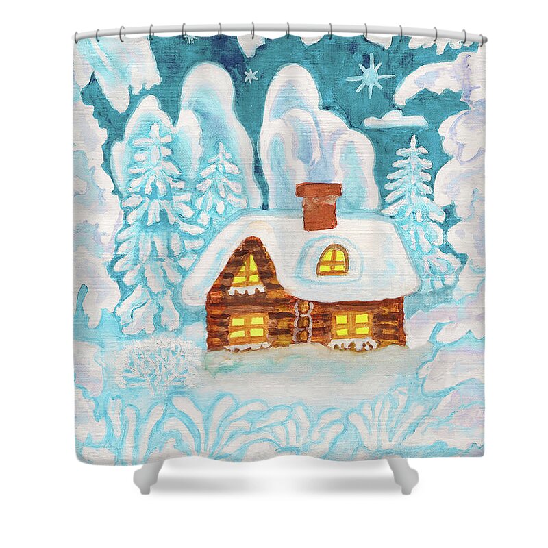Visual Shower Curtain featuring the painting House in snow frame, painting #2 by Irina Afonskaya