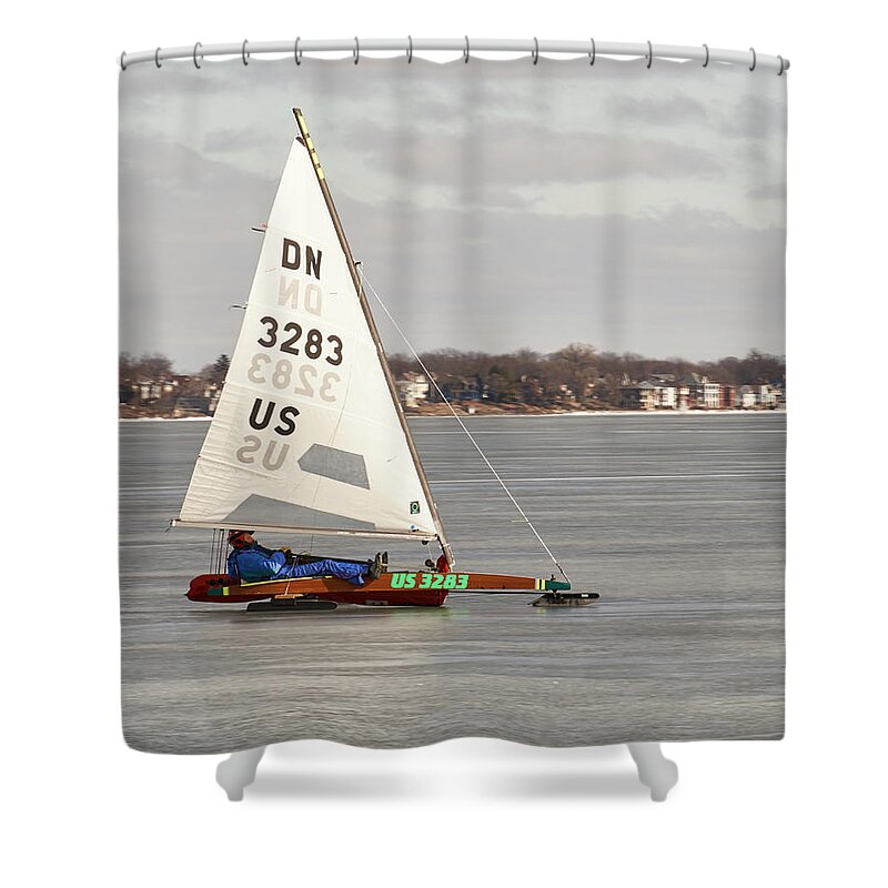 Ice Boat Shower Curtain featuring the photograph Ice Sailing - Madison, Wisconsin #3 by Steven Ralser