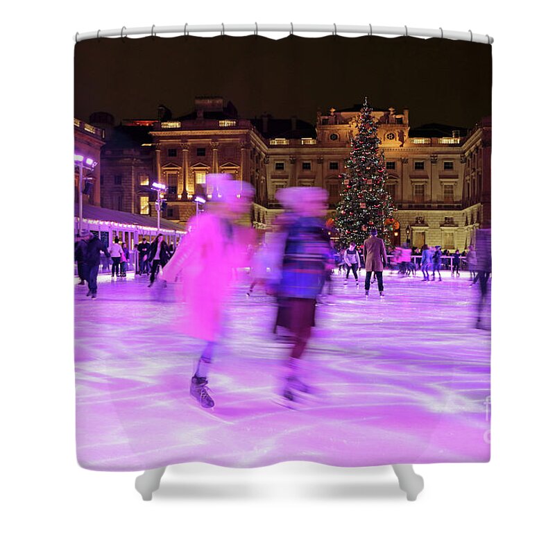 Ice Skating At Somerset House London Skate Rink Motion Night Shower Curtain featuring the photograph Ice Skating at Somerset House London #2 by Julia Gavin