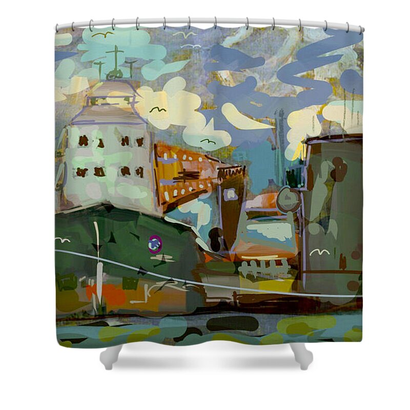 Shipping Shower Curtain featuring the digital art In Port #2 by Jim Vance