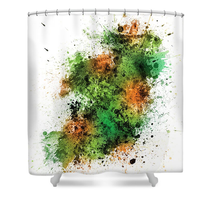 Ireland Map Shower Curtain featuring the digital art Ireland Map Paint Splashes by Michael Tompsett