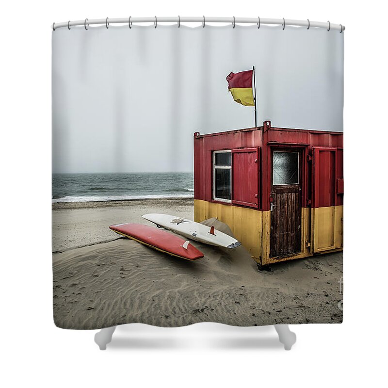 Ireland Shower Curtain featuring the photograph Lifeguard Station at Brittas Bay in Ireland #2 by Andreas Berthold