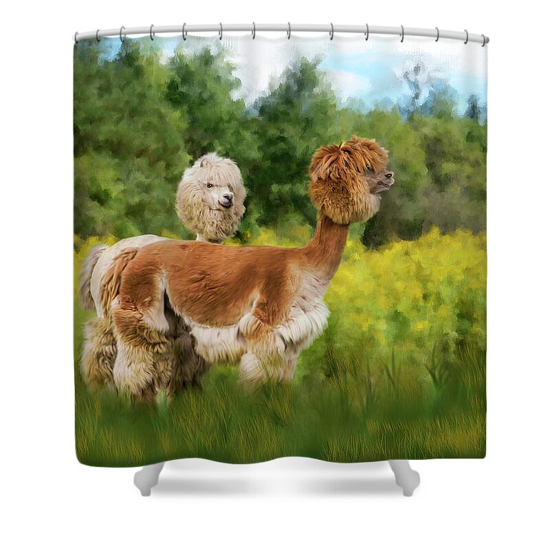 2 Little Llamas Painted In A Painted Landscape Animals Shower Curtain featuring the photograph 2 Little Llamas by Mary Timman