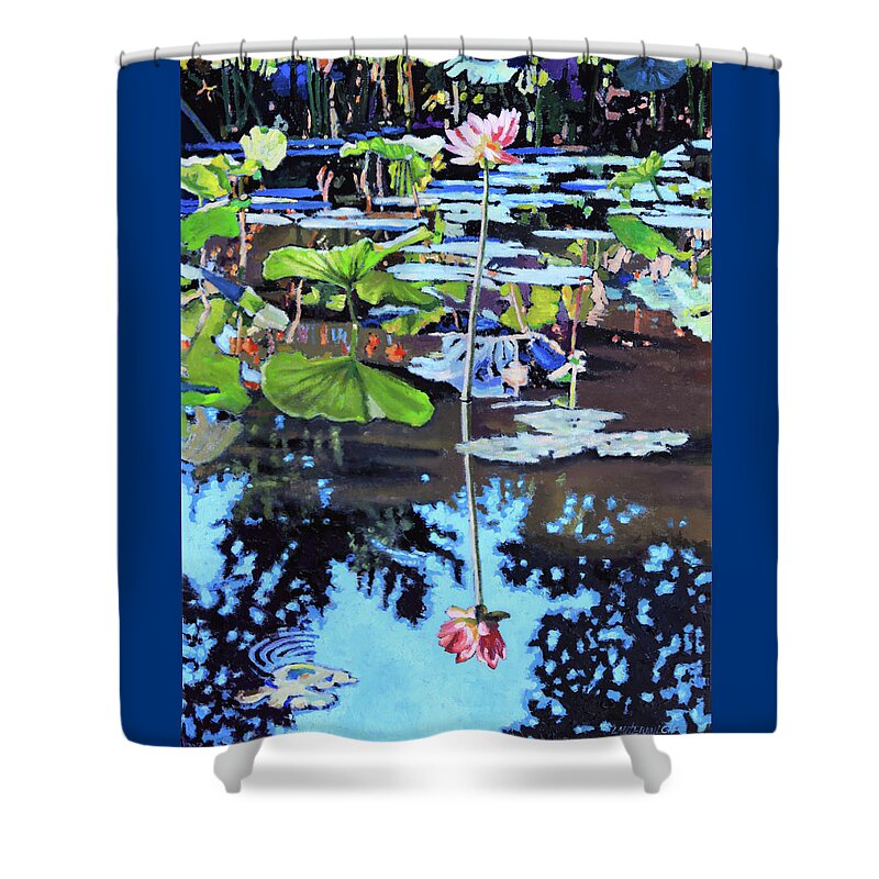 Garden Pond Shower Curtain featuring the painting Lotus Reflections by John Lautermilch