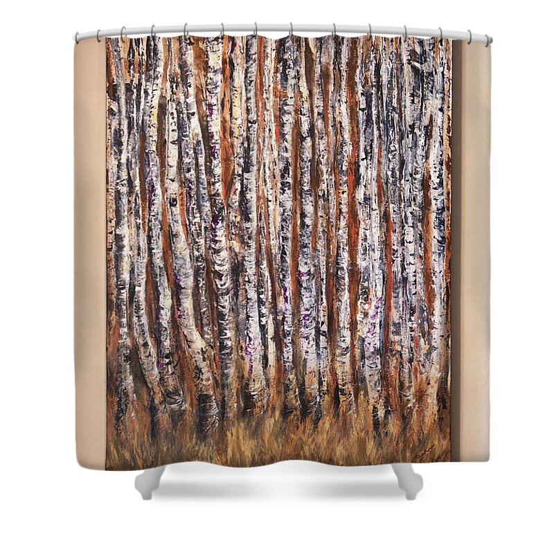 Moonlight Shower Curtain featuring the painting Moonlight Aspens by Sheila Johns