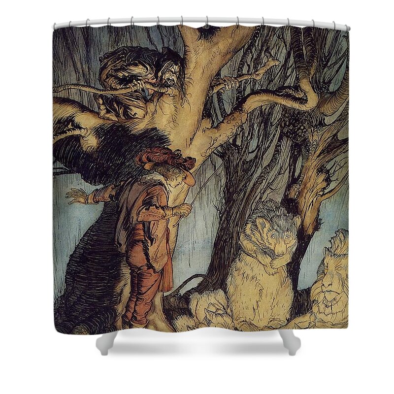 Arthur Rackham Shower Curtain featuring the painting Mystical Forest #2 by MotionAge Designs