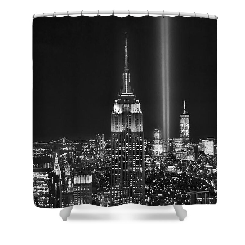 New York City Skyline At Night Shower Curtain featuring the photograph New York City Tribute in Lights Empire State Building Manhattan at Night NYC by Jon Holiday