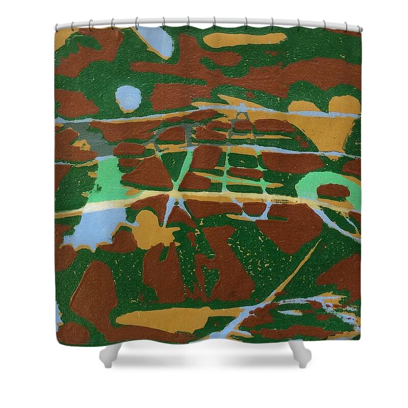 Wood Block Woodcut River Print Shower Curtain featuring the painting 2 Of 3 by Erika Jean Chamberlin