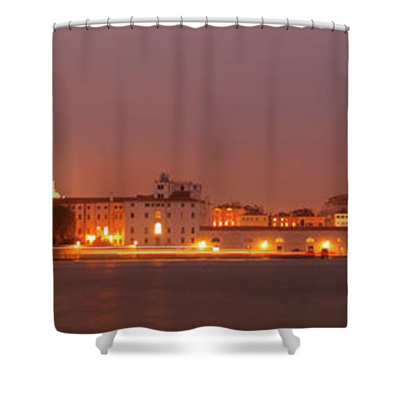 Bridge Shower Curtain featuring the photograph Panorama By Night Of Venice, italian City by Amanda Mohler