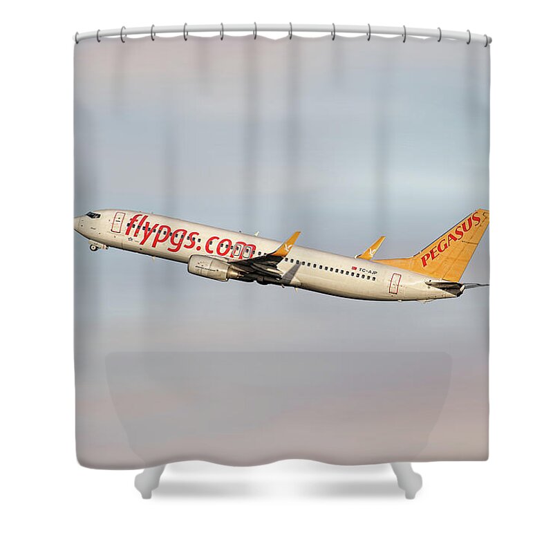 Pegasus Shower Curtain featuring the mixed media Pegasus Airlines Boeing 737-82R by Smart Aviation