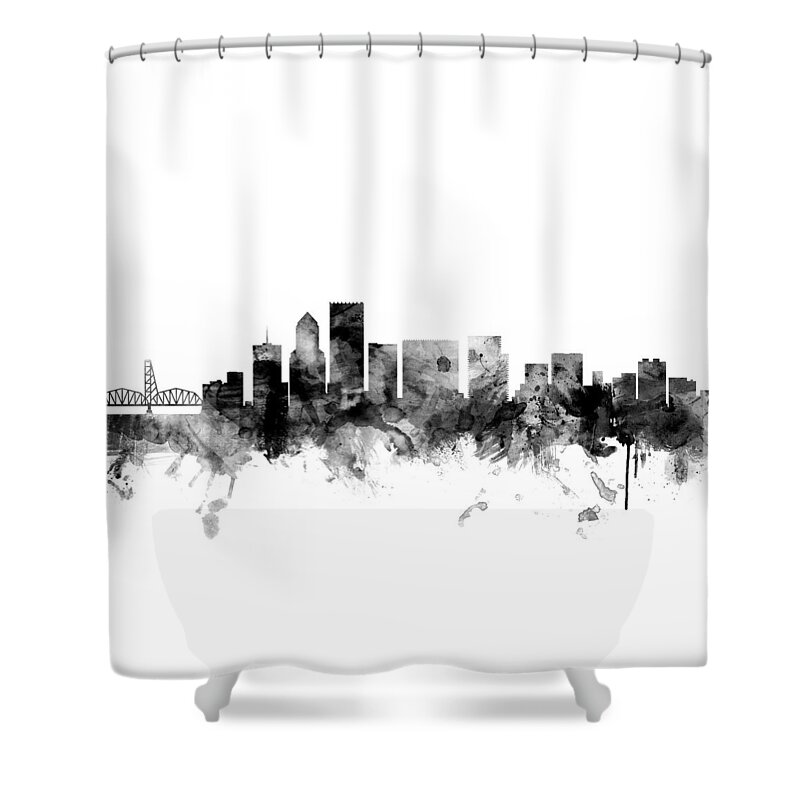 United States Shower Curtain featuring the digital art Portland Oregon Skyline #2 by Michael Tompsett
