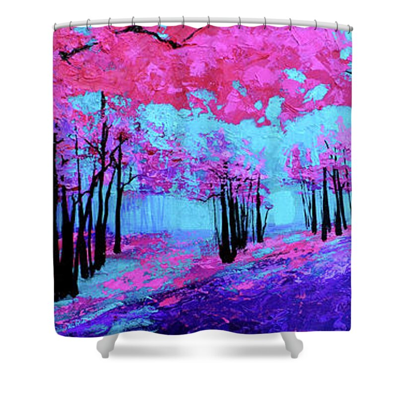 Purple Magenta Shower Curtain featuring the painting Purple Magenta, Forest, Modern Impressionist, Palette Knife painting by Patricia Awapara