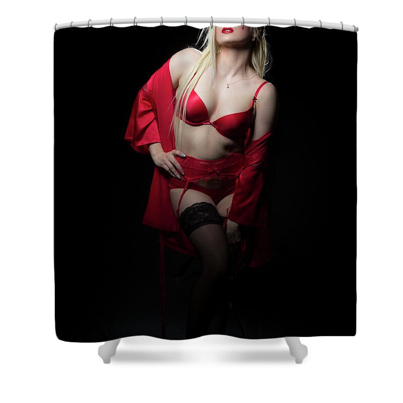 Sexy Shower Curtain featuring the photograph Red Lingerie #2 by La Bella Vita Boudoir