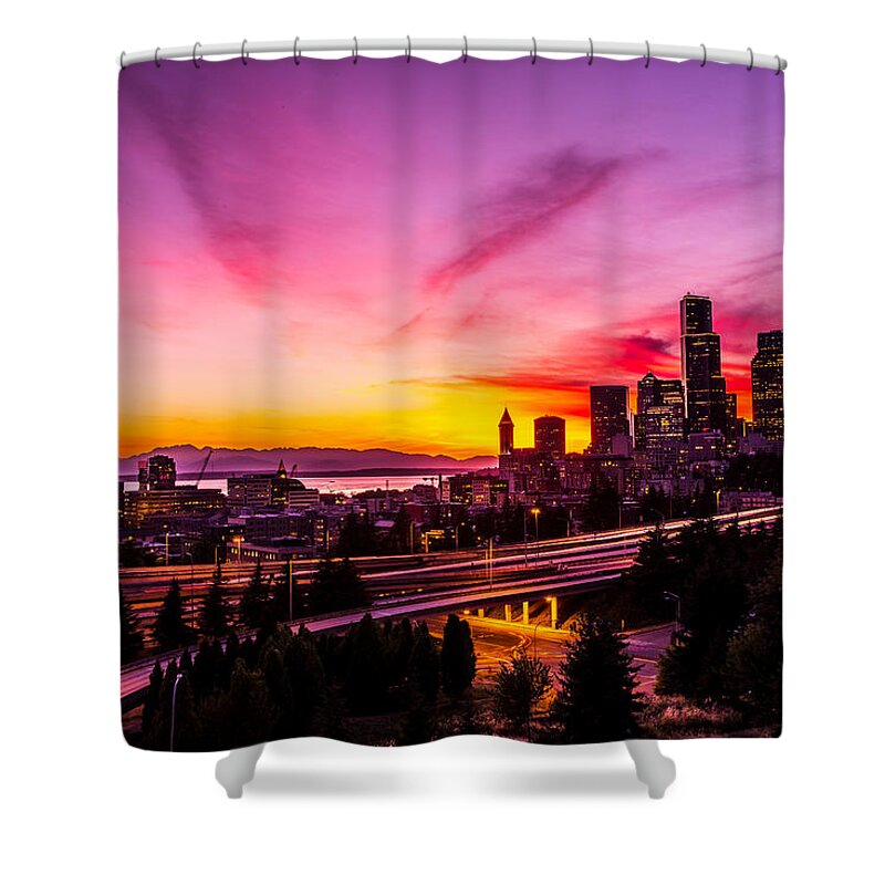 Landscape Shower Curtain featuring the photograph Seattle Down Town in sunset color #2 by Hisao Mogi