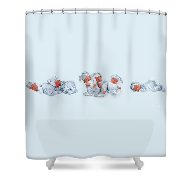 Blue Shower Curtain featuring the photograph Sleeping Bunnies #2 by Anne Geddes