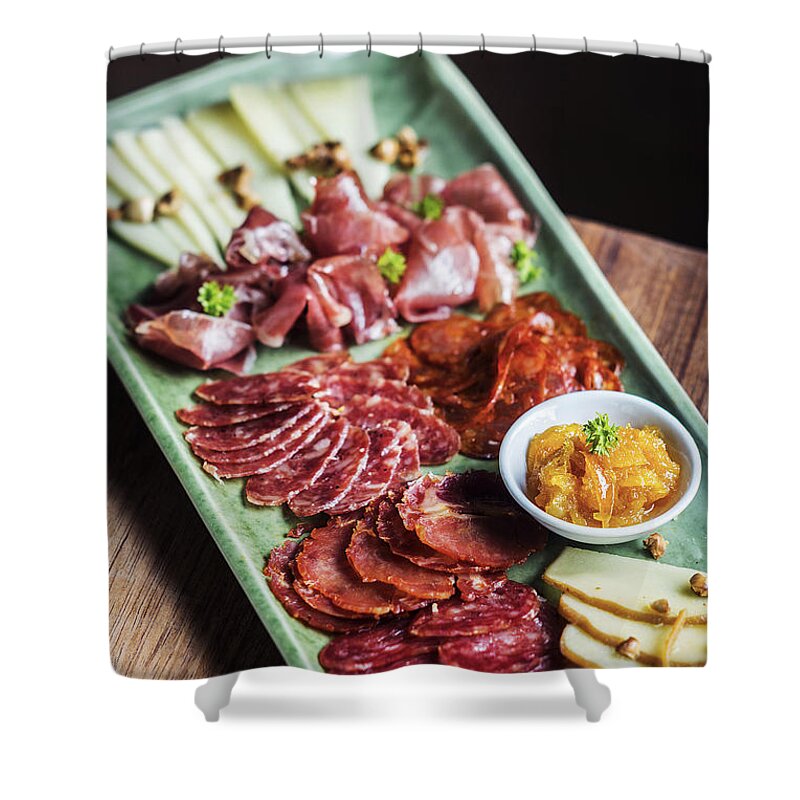 Charcuterie Shower Curtain featuring the photograph Spanish Smoked Meats Ham And Cheese Platter Starter Dish #2 by JM Travel Photography