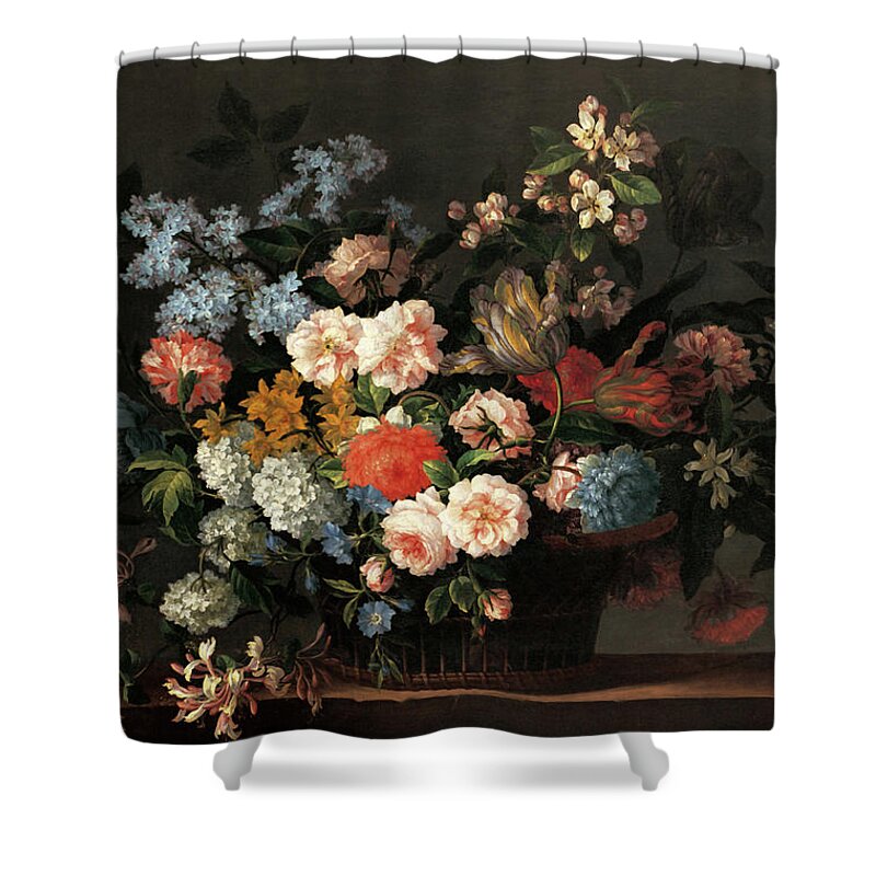 Basket Shower Curtain featuring the painting Still Life with Basket of Flowers #2 by Jean-Baptiste Monnoyer