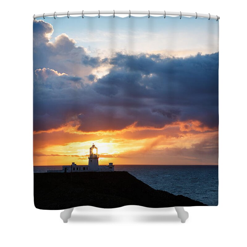 Lighthouse Shower Curtain featuring the photograph Sunset at Strumble Head Lighthouse #2 by Ian Middleton