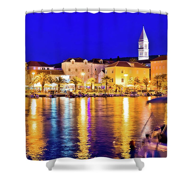 Blue Shower Curtain featuring the photograph Supetar waterfront evening panoramic view from sea #2 by Brch Photography