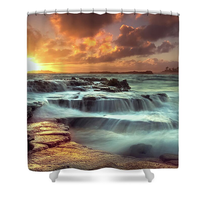 Oahu Hawaii Sunset Seascape Shoreline Clouds Ocean Shower Curtain featuring the photograph The Golden Hour #2 by James Roemmling
